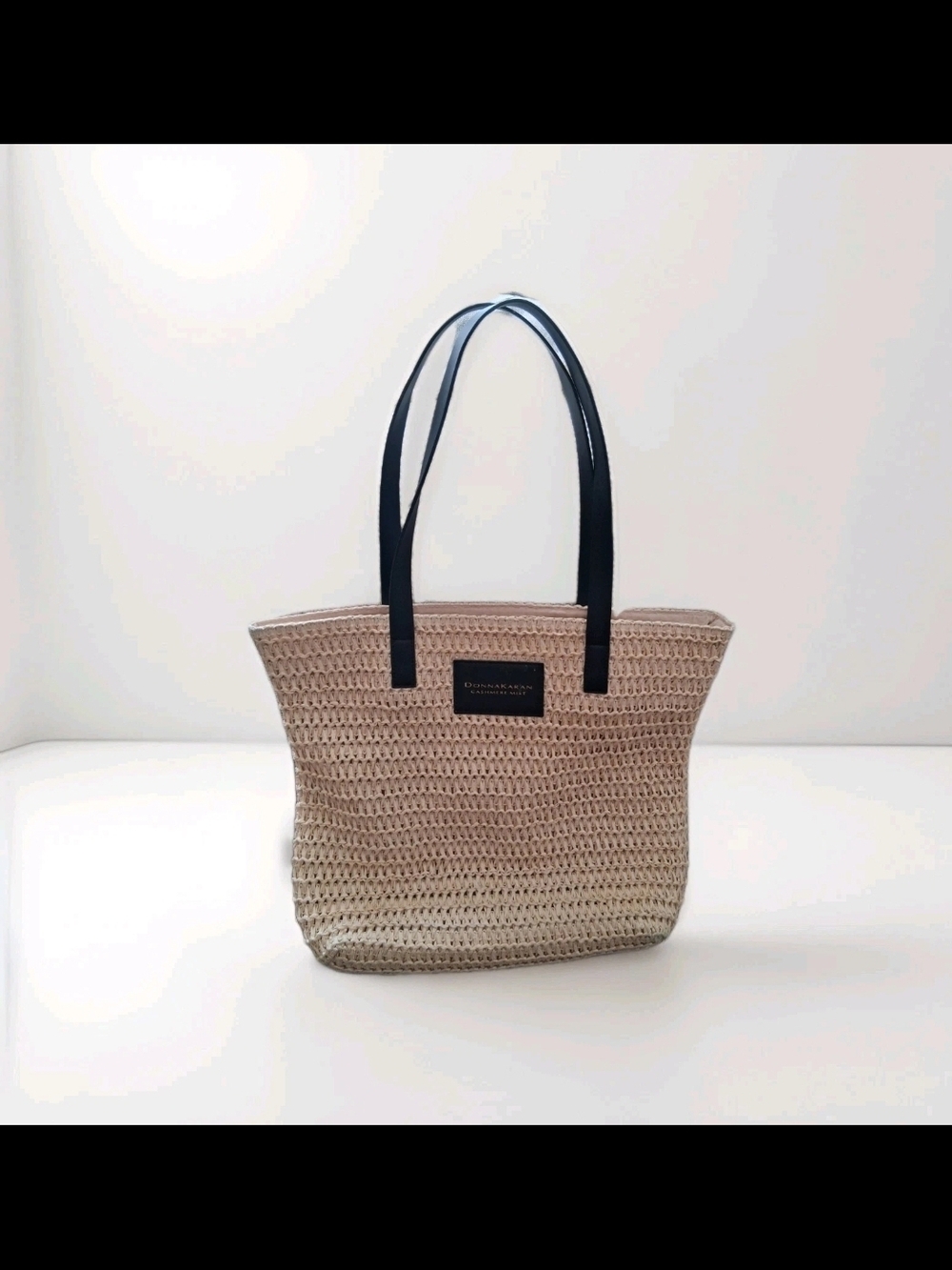 Donna Karan Cashmere Mist Straw Tote Bag With Black Handles